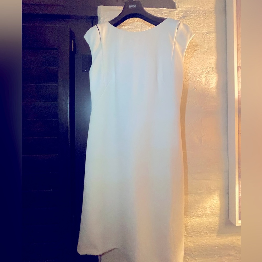NWT BOSS Soft cream sheath dress with shoulder cut out detail. Size 6.